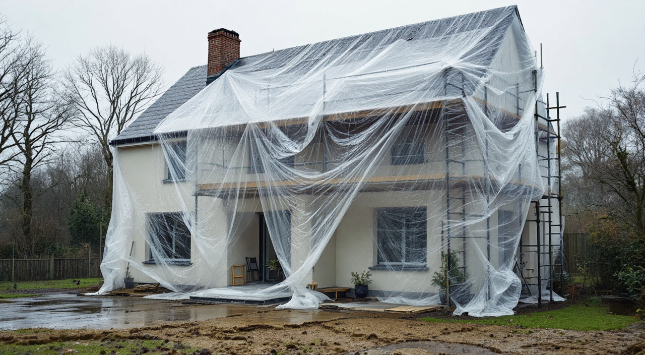 Façade échafaudée et bâchée sous la pluie, enduit inachevé visible derrière le film de protection