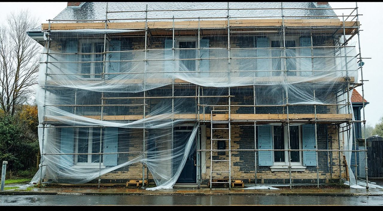 Façade échafaudée et bâchée pendant une averse