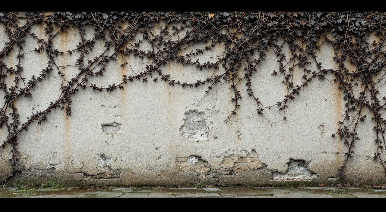 Mur ancien découvert après arrachage du lierre, semé de crampons noirs et de taches brunes
