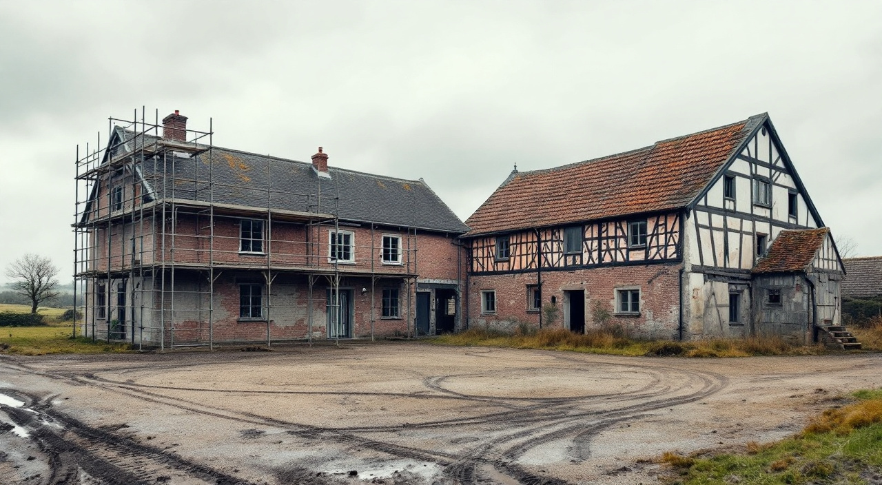 Corps de ferme normand avec un échafaudage monté sur un seul des deux bâtiments autour de la cour