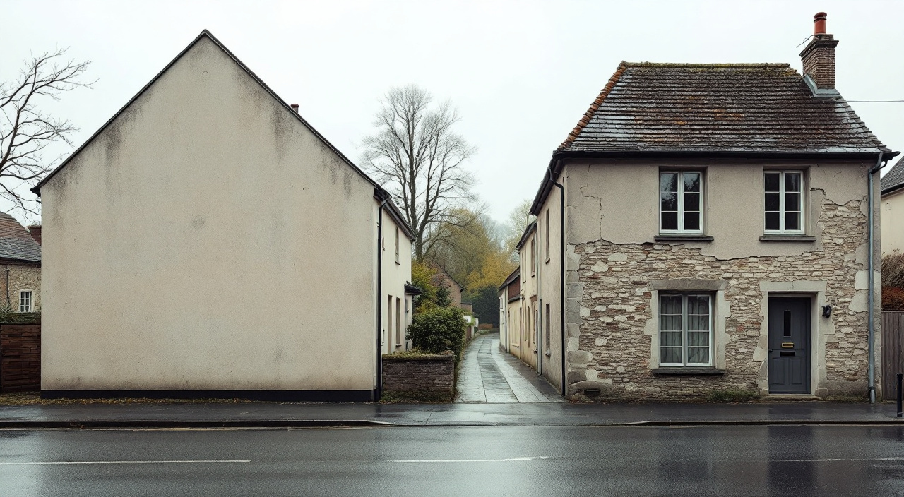 Pignon enduit d'un pavillon récent et façade sur rue d'une maison de bourg dont l'enduit ciment se décolle