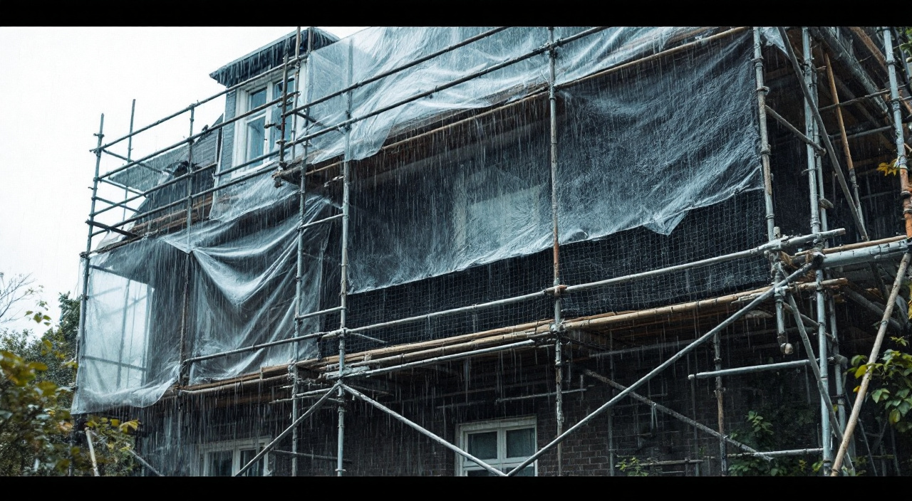 Chantier de façade bâché sous la pluie
