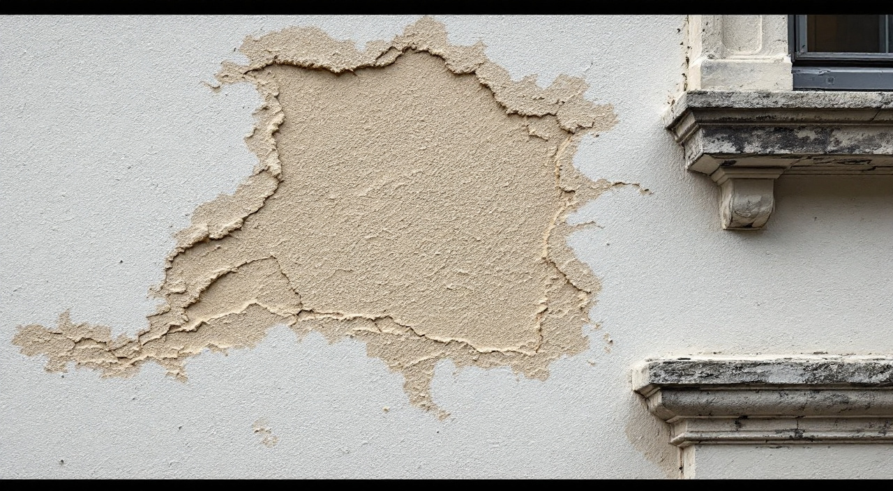 Façade en enduit récent présentant des cloques, un réseau de faïençage et une coulure sous un appui de fenêtre