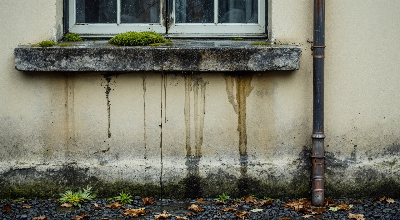Façade enduite en fin d'automne, traînée d'eau sous un appui de fenêtre et mousses dans l'angle