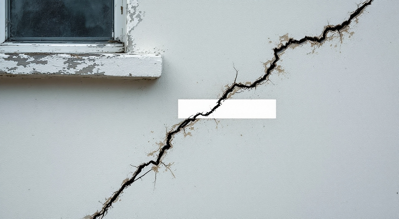 Fissure diagonale partant de l'angle d'une fenêtre, avec un témoin de plâtre posé en travers