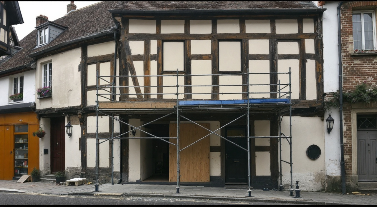 Échafaudage serré contre une maison à pans de bois en surplomb, dans une rue étroite de bourg ancien, avec passage piéton protégé sous le premier niveau.