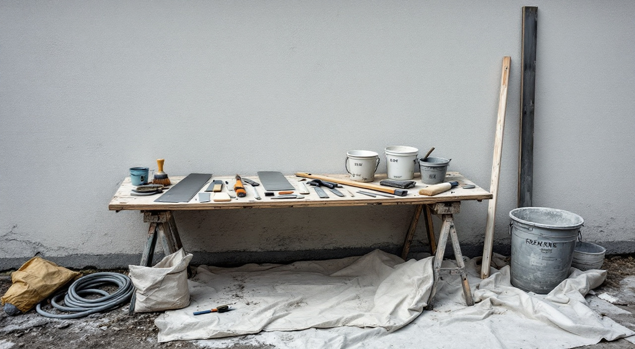 Outils d'enduit de façade posés sur une planche de travail au pied d'un mur