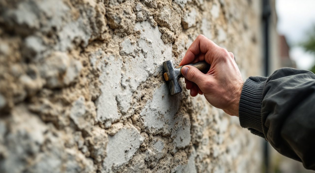 Main sondant un enduit de façade au marteau