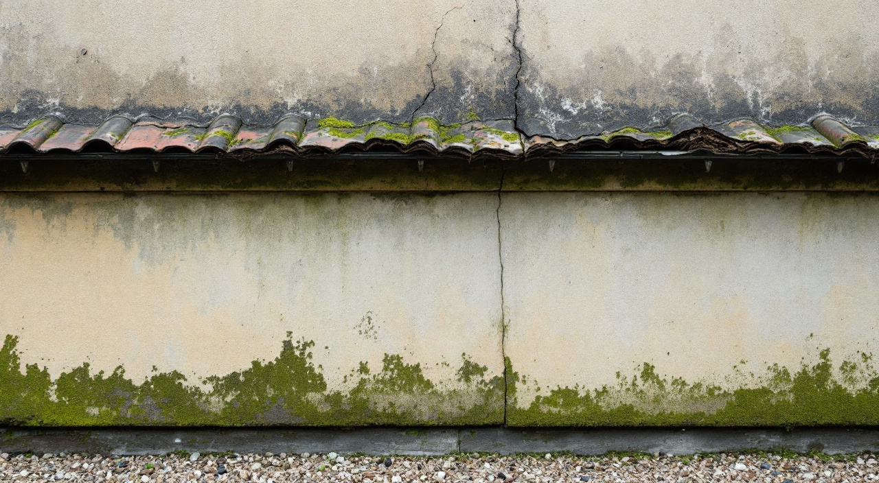 Pignon aveugle d'une maison normande, rive de toiture descellée en partie haute et mousses en pied de mur