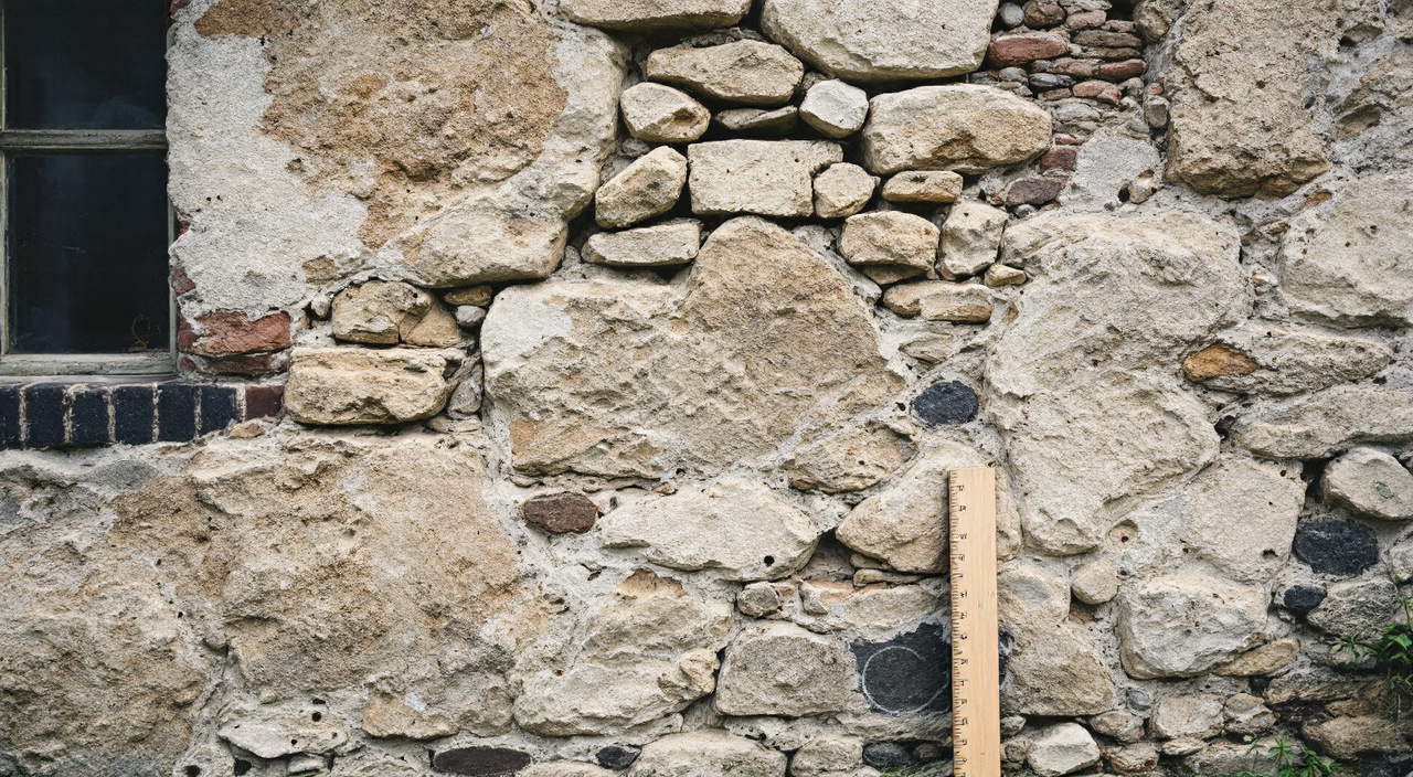 Mur de village en moellons calcaires et silex, enduit partiellement piqué, avec un mètre pliant posé contre la pierre