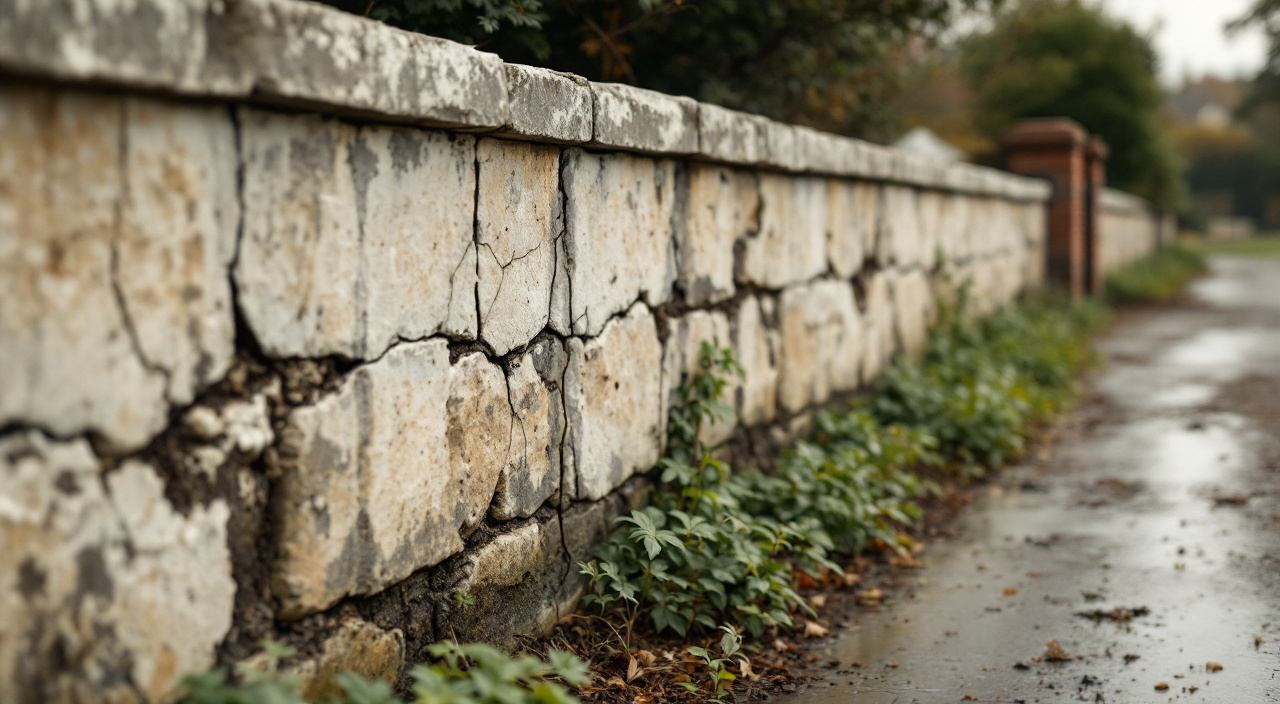 Mur de clôture ancien en pierre avec couronnement en mortier fissuré et coulures d'eau sur l'enduit