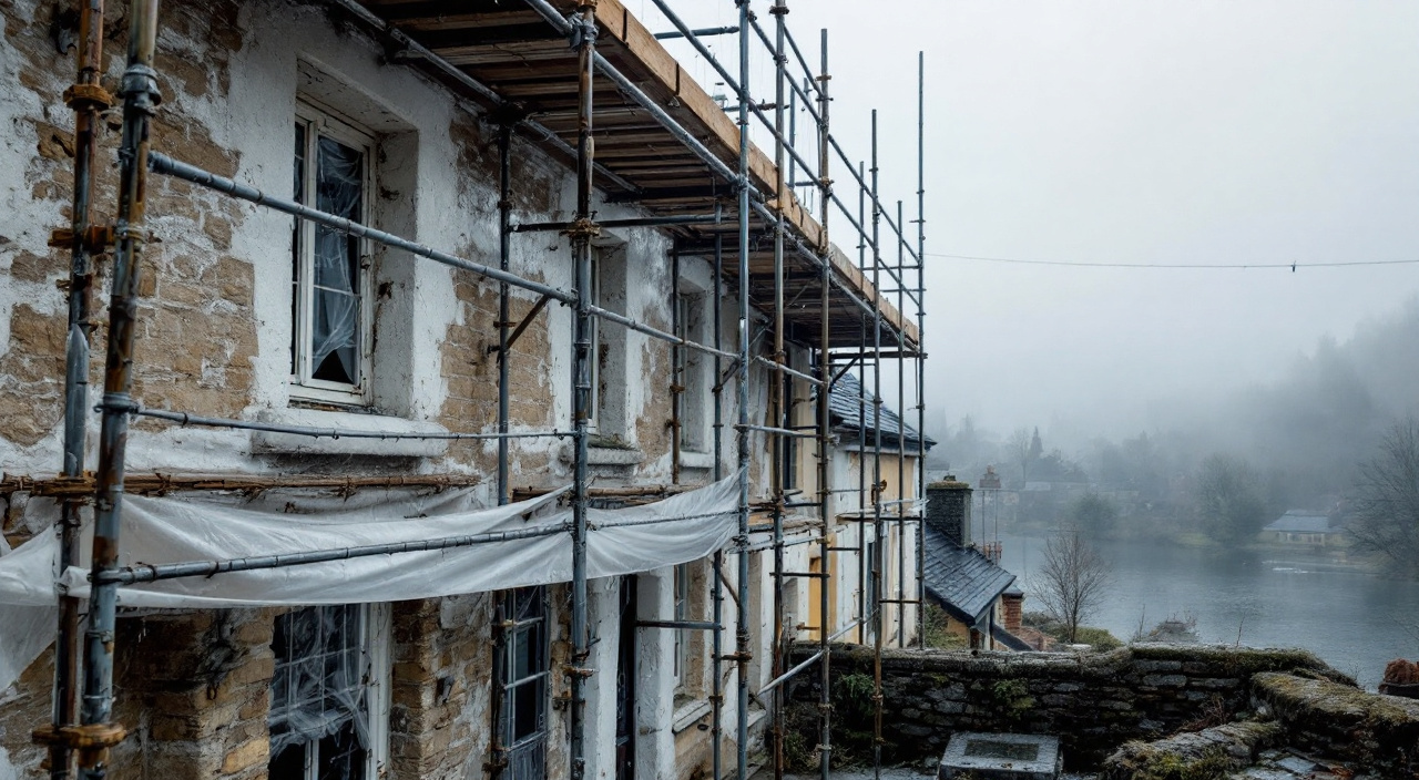 Façade échafaudée dans la brume matinale d'un bourg de fond de vallée, rosée sur les tubes d'échafaudage