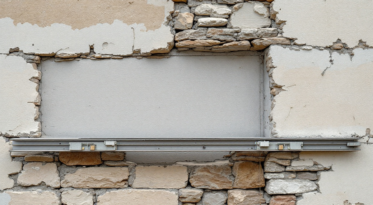 Règle d'aluminium plaquée contre un mur décroûté, jour visible sous la règle au droit d'un creux, plots et bande de guidage en mortier déjà posés