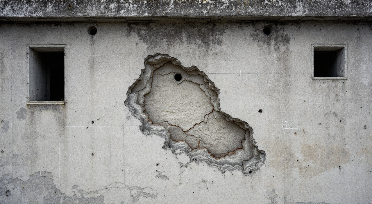 Façade en béton marquée de trous de banche et d'un éclat laissant apparaître une armature rouillée