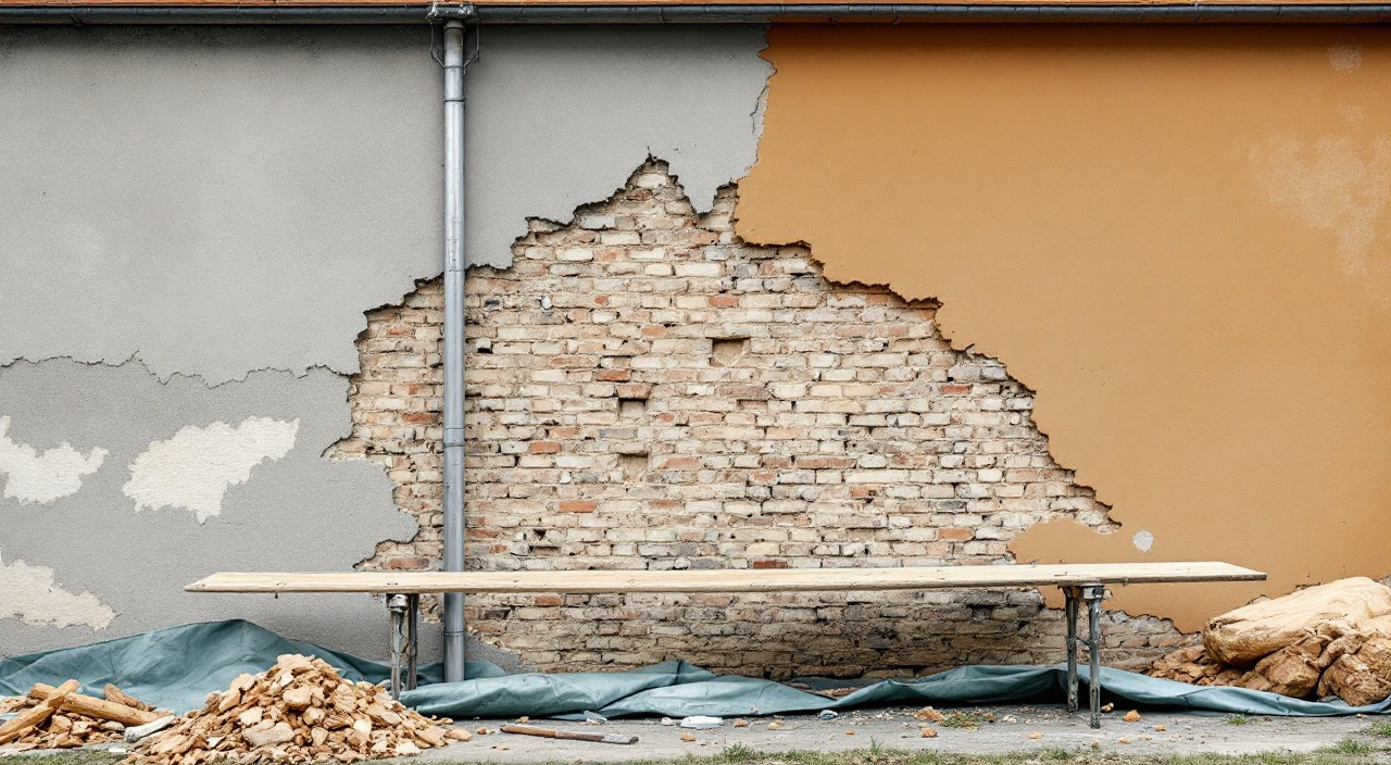 Façade en cours de travaux montrant côte à côte l'ancien enduit conservé, une zone piquée jusqu'à la maçonnerie nue et un enduit neuf.