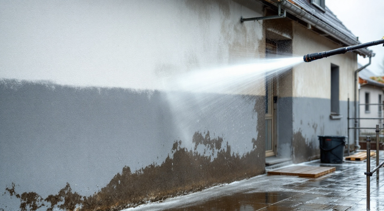 Jet plat d'un nettoyeur haute pression lavant un enduit de façade encrassé