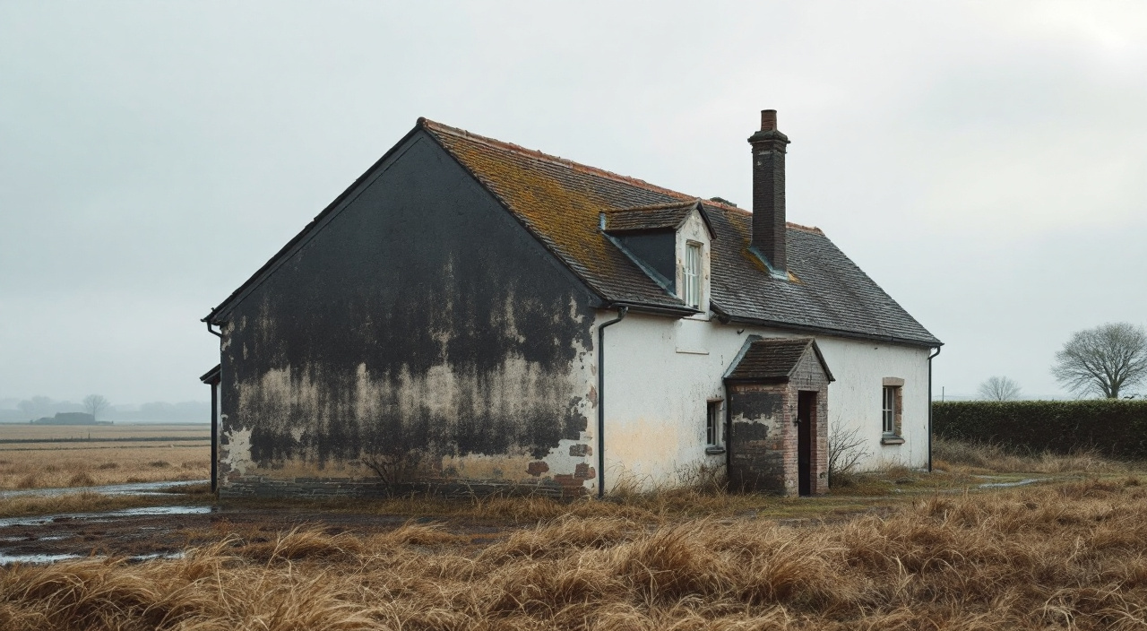 Maison de plateau dont la façade ouest, plus sombre et détrempée après une averse, contraste avec le mur de retour resté sec