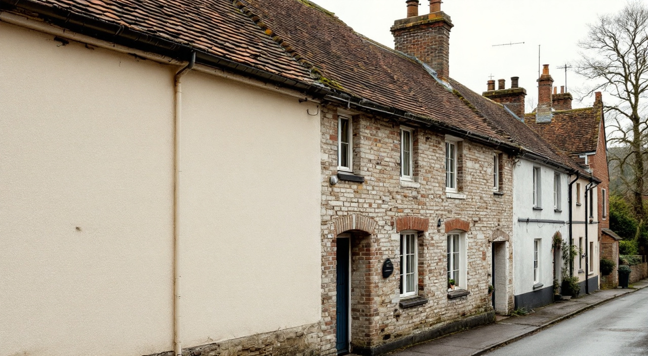 Rangée de maisons ouvrières mitoyennes en bord de rue, dont une façade vient d'être ré-enduite, avec la ligne verticale de jonction avec la maison voisine