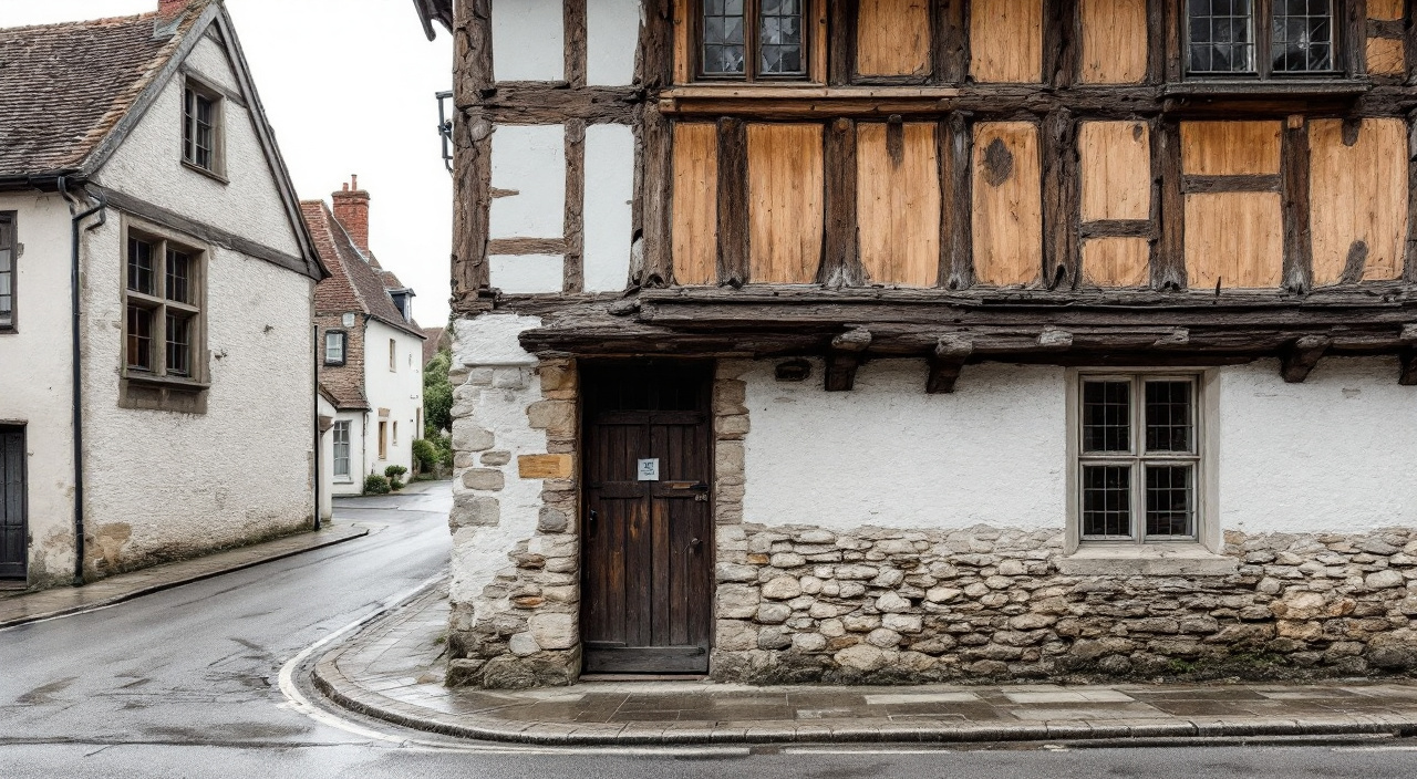 Angle de rue où une façade à pans de bois enduite à la chaux rejoint un mur ancien en craie et silex dont l'enduit ciment se décolle par plaques.