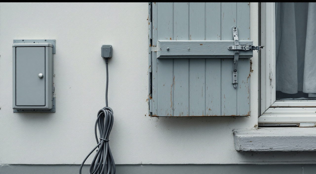 Mur de maison dont les volets ont été décrochés, laissant les gonds nus dans l'enduit, un câble électrique gris fixé au mur près d'un petit coffret et un adhésif de masquage collé sur le bord d'une fenêtre